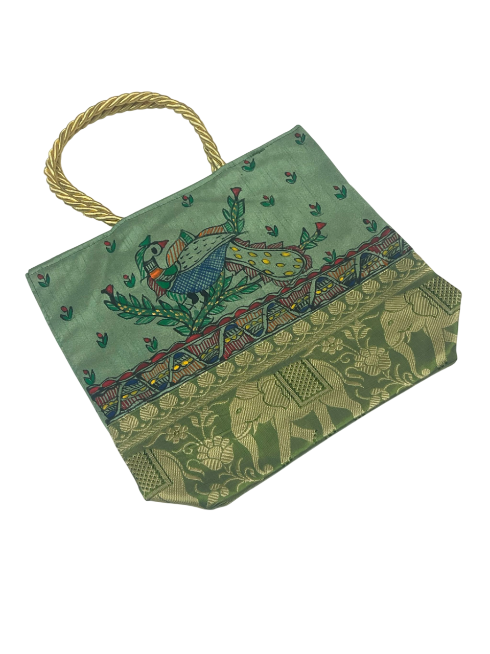 Handpainted Madhubani Bag – Green with Brocade Border, Peacock Motif